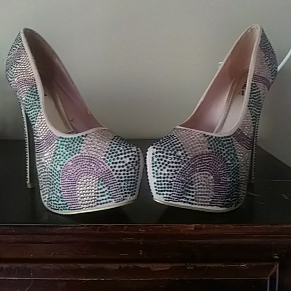 Purple gold green and Peach shoes